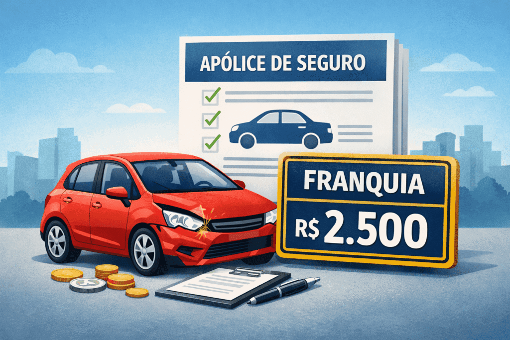 Ilustração de carro, apólice e valor de franquia do seguro auto