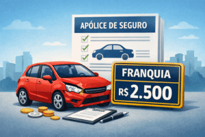 Ilustração de carro, apólice e valor de participação do segurado representando a franquia do seguro auto