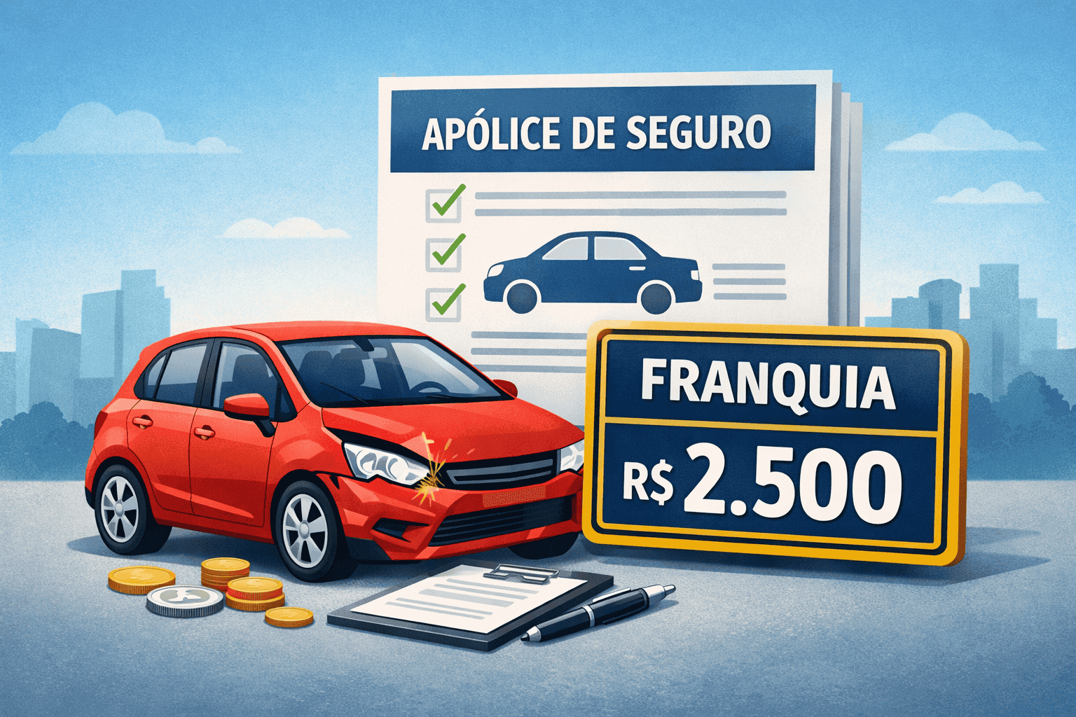 Ilustração sobre franquia do seguro auto e custos de conserto