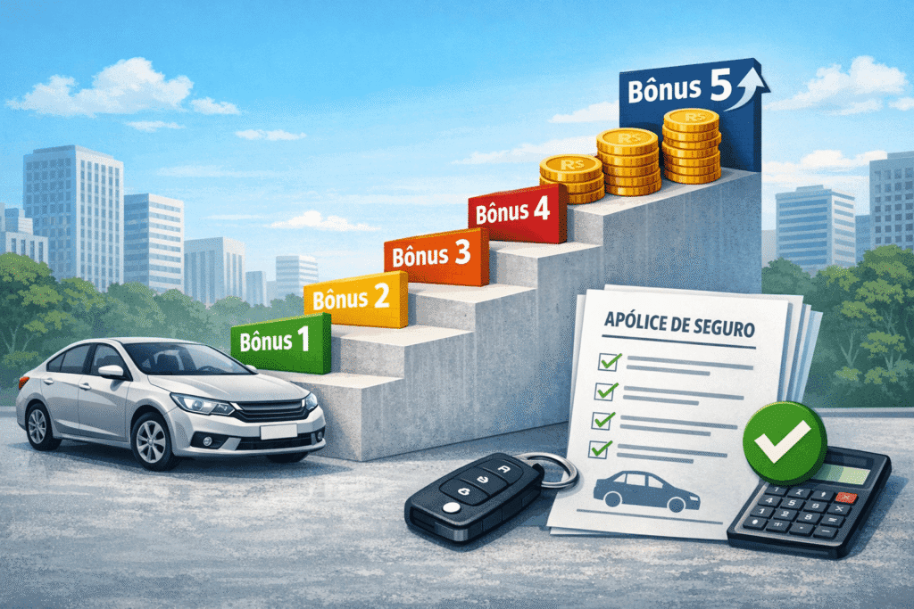 Escada de bônus no seguro auto ao lado de apólice e carro, representando a evolução das classes sem sinistro