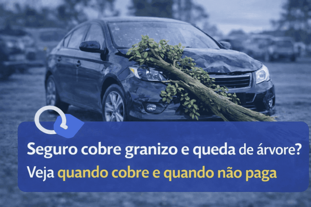 Ilustração de carro com danos de granizo e árvore caída representando cobertura de seguro