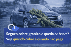 Ilustração de carro com danos de granizo e árvore caída representando cobertura de seguro