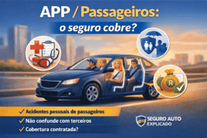 Ilustração de carro com passageiros destacados e ícones de proteção representando a cobertura APP no seguro auto