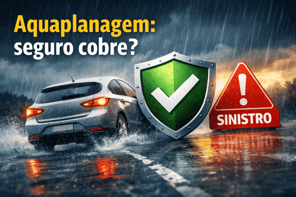 Carro perdendo aderência na pista molhada com escudo e aviso de sinistro, ilustrando cobertura do seguro em caso de aquaplanagem