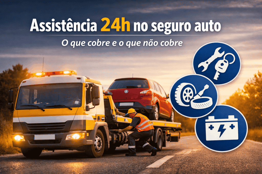 Guincho atendendo carro parado na rua com ícones de chaveiro, pneu e bateria representando a assistência 24h do seguro auto