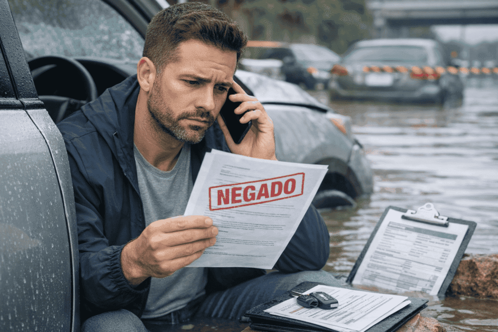 Motorista analisando negativa da seguradora após alagamento do carro com documentos e veículo afetado por enchente