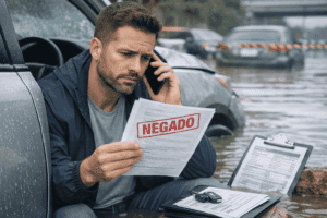 Motorista analisando negativa da seguradora após alagamento do carro com documentos e veículo afetado por enchente