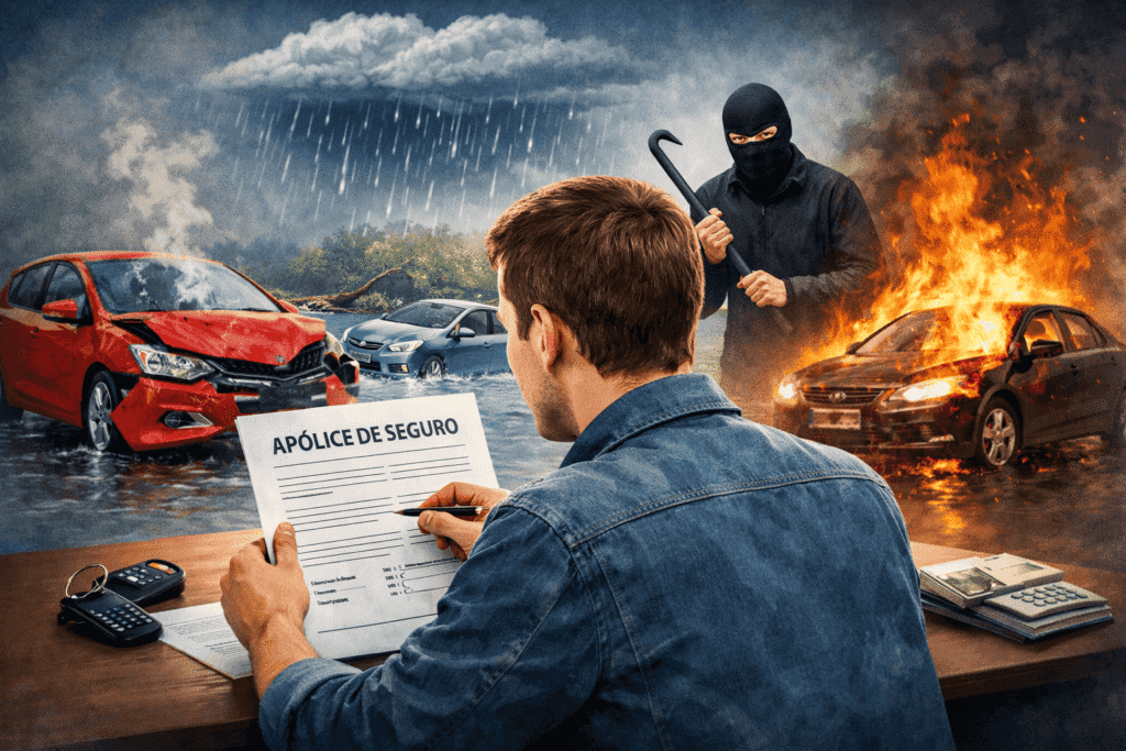 Motorista analisando apólice de seguro com carro, chuva, colisão e roubo representando a cobertura compreensiva