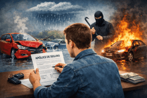 Motorista analisando apólice de seguro com carro, chuva, colisão e roubo representando a cobertura compreensiva