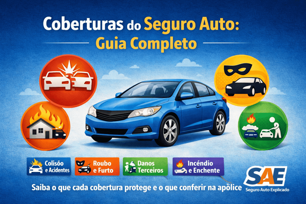 Ilustração de carro com ícones de colisão, roubo, terceiros e incêndio representando as coberturas do seguro auto