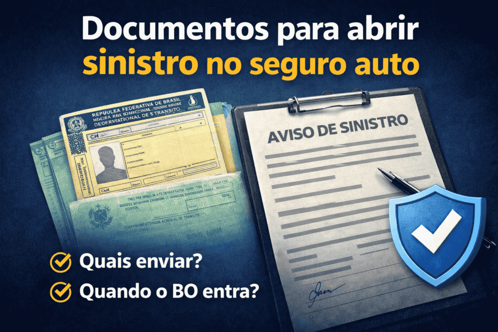 Documentos do carro, CNH e formulário de aviso de sinistro organizados para abrir sinistro no seguro auto