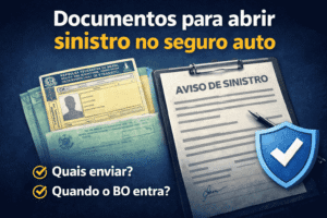 Documentos do carro, CNH e formulário de aviso de sinistro organizados para abrir sinistro no seguro auto