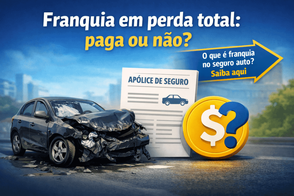 Carro com dano grave ao lado de apólice e indenização representando a dúvida sobre franquia em perda total