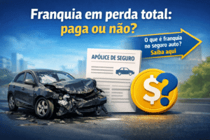 Carro com dano grave ao lado de apólice e indenização representando a dúvida sobre franquia em perda total