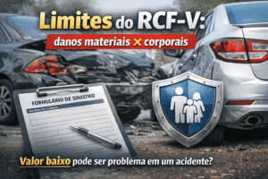 Formulário de sinistro e escudo ao lado de carros batidos (R$20-100k), ilustrando limites do RCF-V para danos materiais e corporais