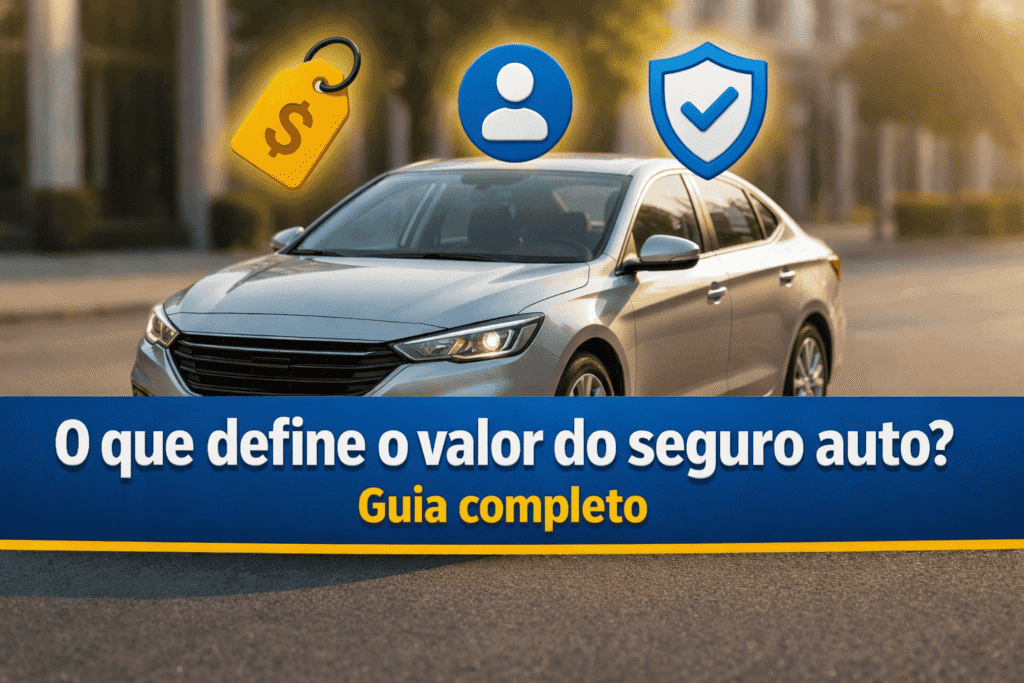 Carro com ícones de preço, perfil do motorista e proteção em imagem sobre o valor do seguro auto