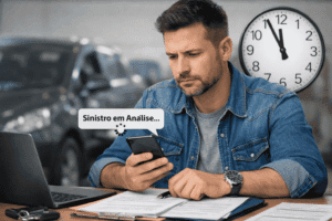 Motorista acompanhando atraso na análise do sinistro no seguro auto com documentos, celular e relógio