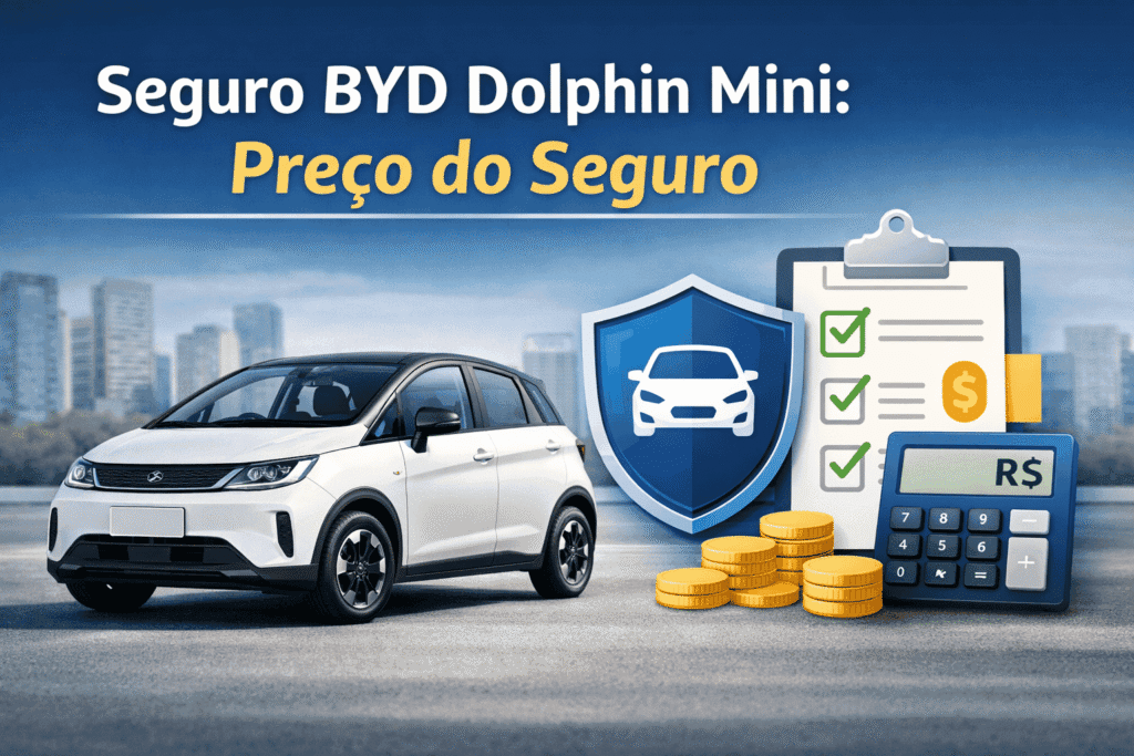 BYD Dolphin Mini com escudo, calculadora e elementos de cotação representando o preço do seguro do modelo