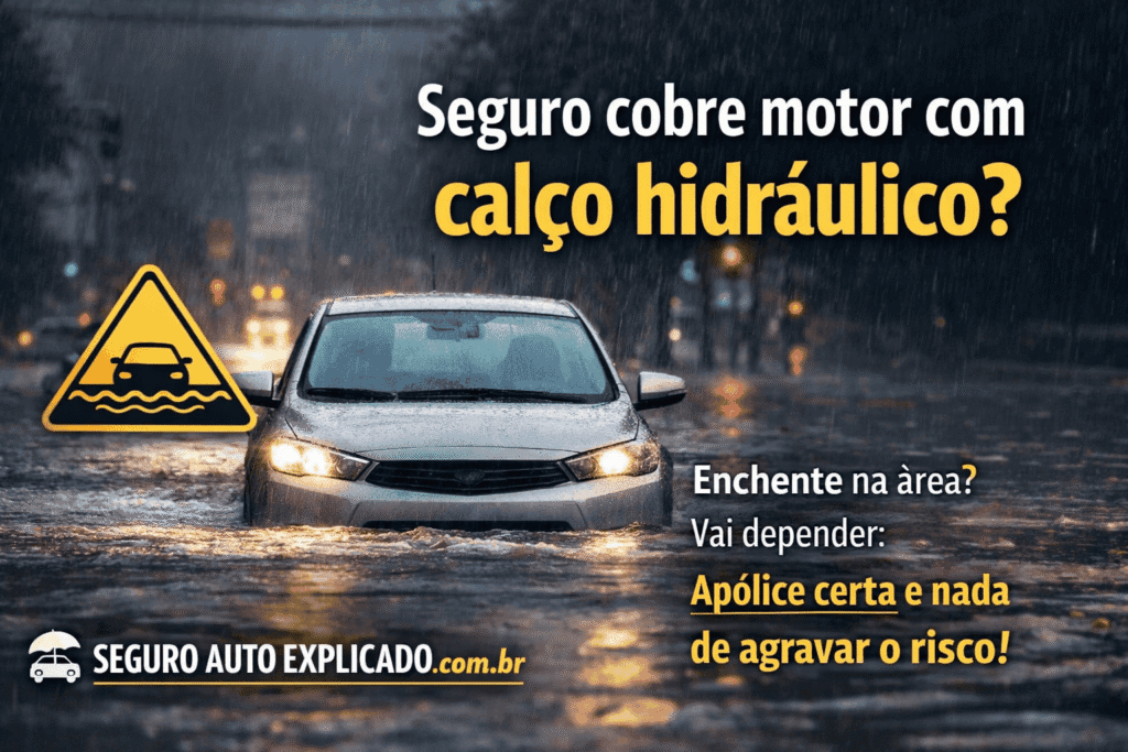 Carro parado em rua alagada após chuva forte, ilustrando risco de calço hidráulico e cobertura do seguro