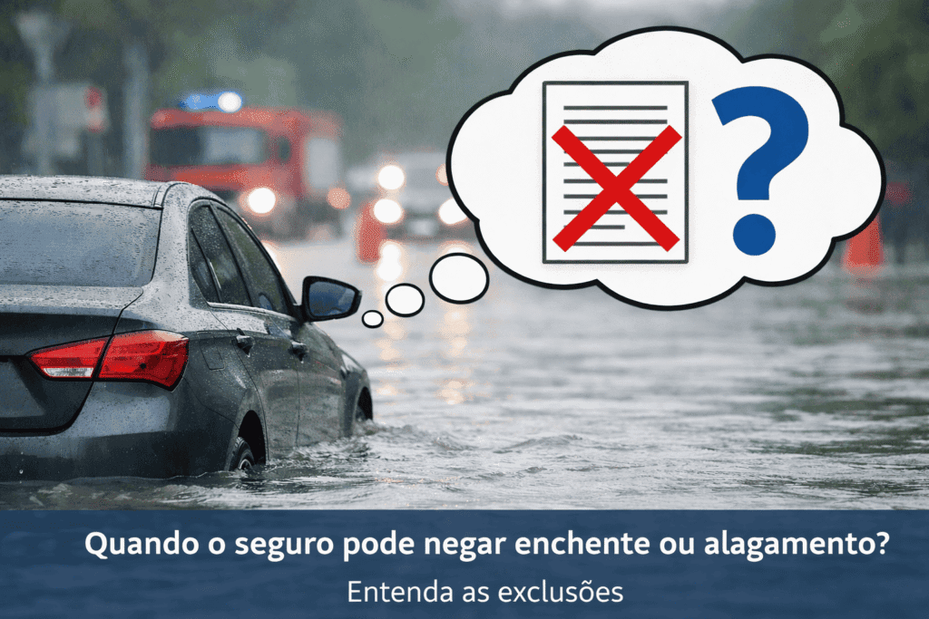 Carro parado em rua alagada com dúvida sobre negativa do seguro