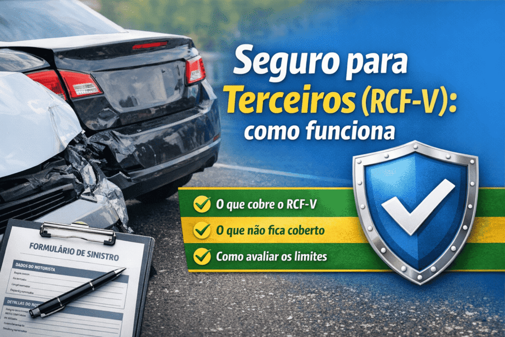 Carro após batida com formulário de sinistro e escudo, ilustrando como funciona o seguro para terceiros RCF-V