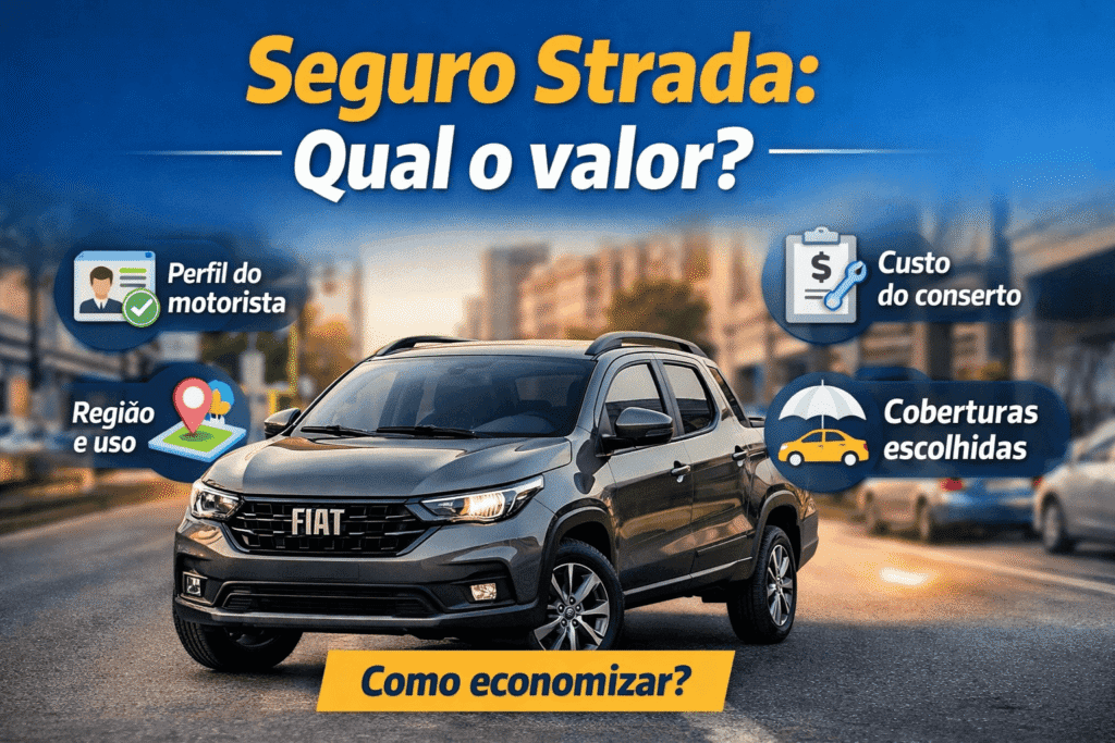 Picape compacta em área urbana, ilustrando os fatores que influenciam o valor do seguro da Strada