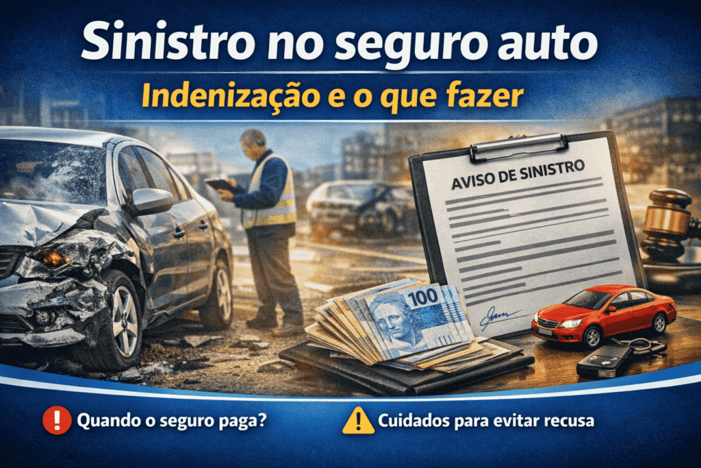 Carro danificado ao lado de formulário de aviso de sinistro, ilustrando indenização e o que fazer no seguro auto