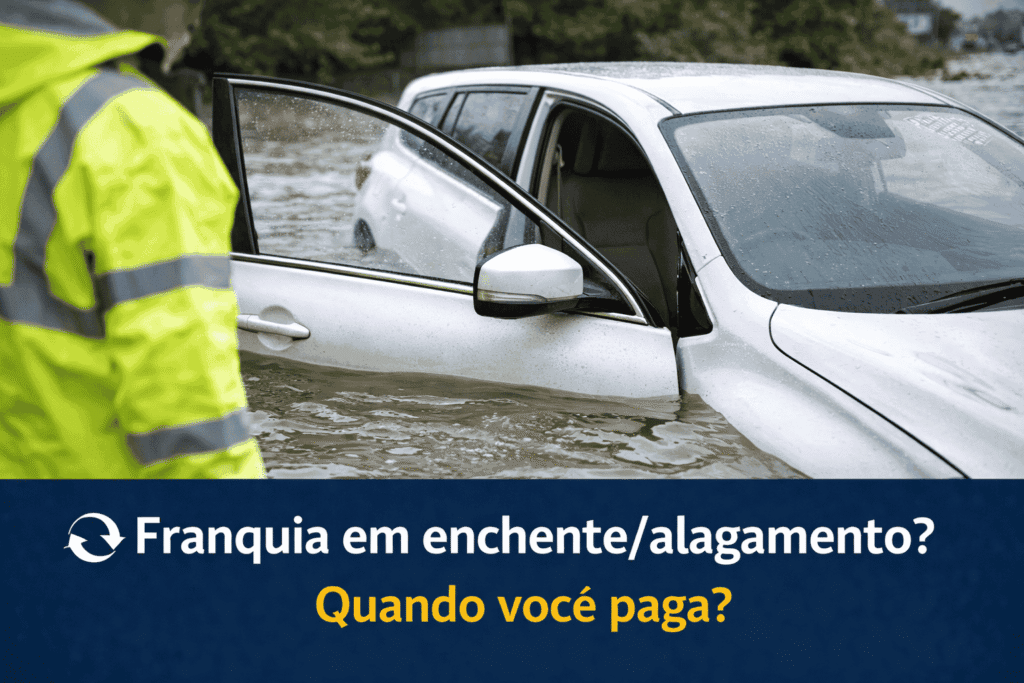 Carro em área alagada sendo avaliado após enchente, com foco na dúvida sobre franquia do seguro