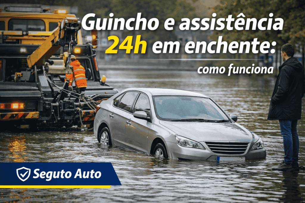 Carro parado em rua alagada sendo atendido por guincho enquanto o motorista aguarda a assistência 24h do seguro auto