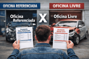 Motorista comparando orçamento de reparo entre oficina referenciada e oficina livre após sinistro no seguro auto