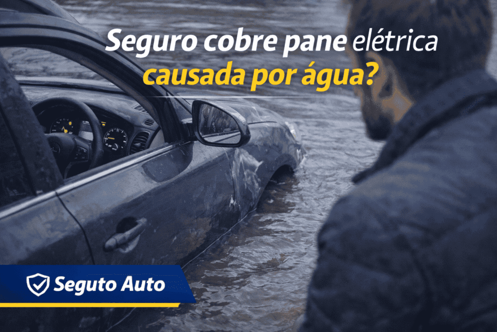 Carro parado após alagamento com painel aceso e falha elétrica aparente enquanto o motorista observa sem tentar dar partida