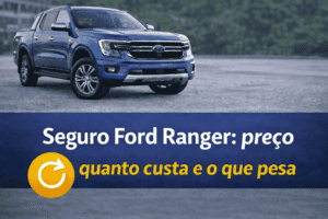 Ford Ranger azul estacionada em área aberta com banner azul destacando o tema do preço do seguro da picape.