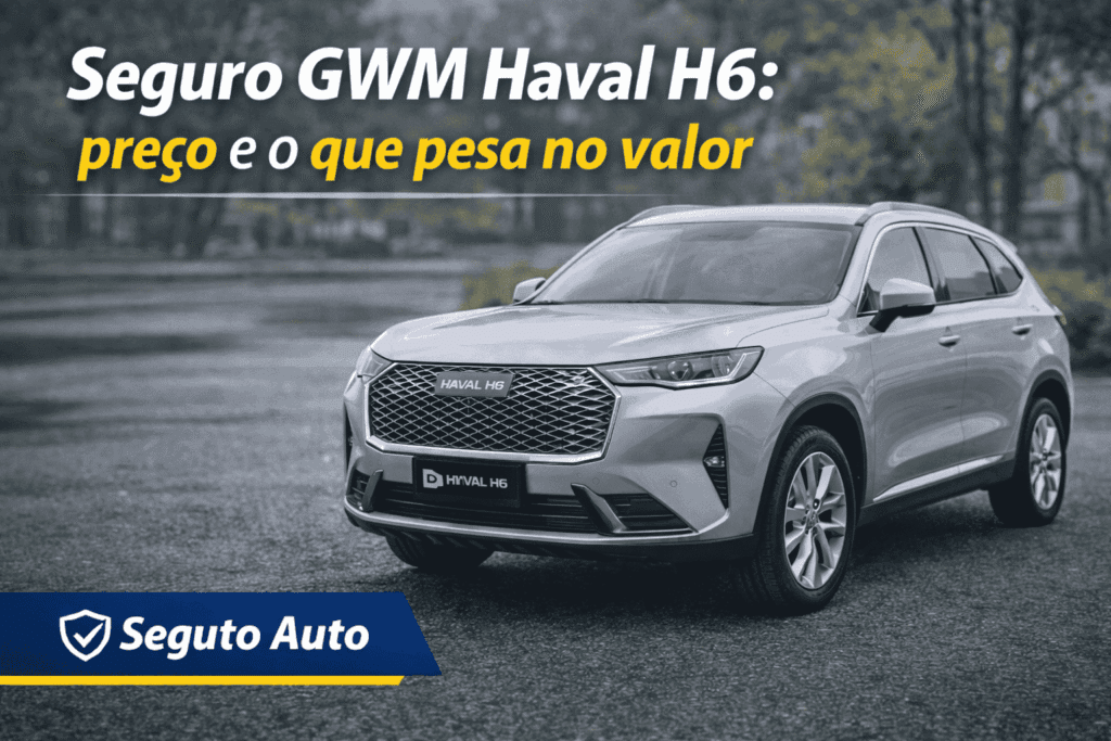 SUV GWM Haval H6 estacionado enquanto o motorista compara no celular o preço do seguro auto de um modelo híbrido