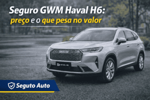 SUV GWM Haval H6 estacionado enquanto o motorista compara no celular o preço do seguro auto de um modelo híbrido