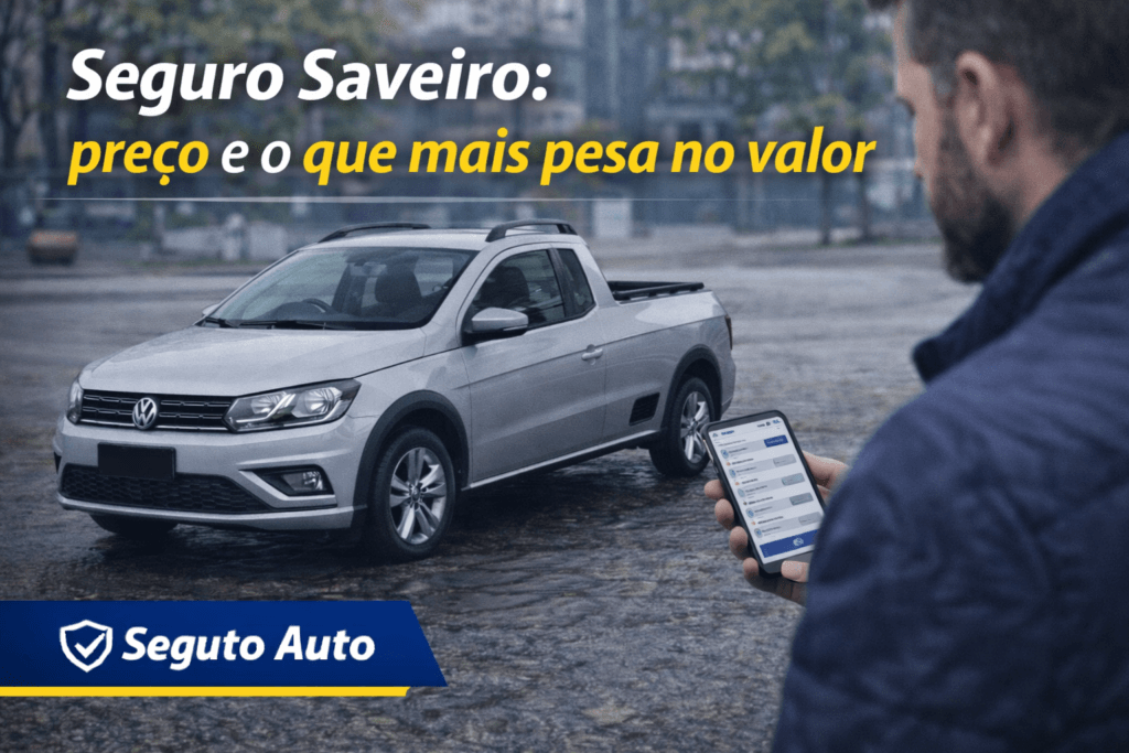 Volkswagen Saveiro estacionada em ambiente urbano enquanto o proprietário compara opções de seguro para uma picape de uso diário e trabalho