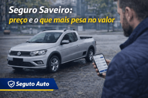 Volkswagen Saveiro estacionada em ambiente urbano enquanto o proprietário compara opções de seguro para uma picape de uso diário e trabalho