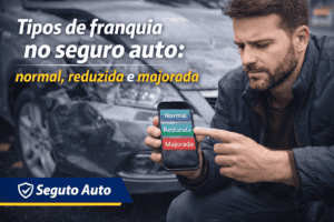 Motorista comparando opções de franquia do seguro auto em um celular ao lado de um carro estacionado após uma batida leve