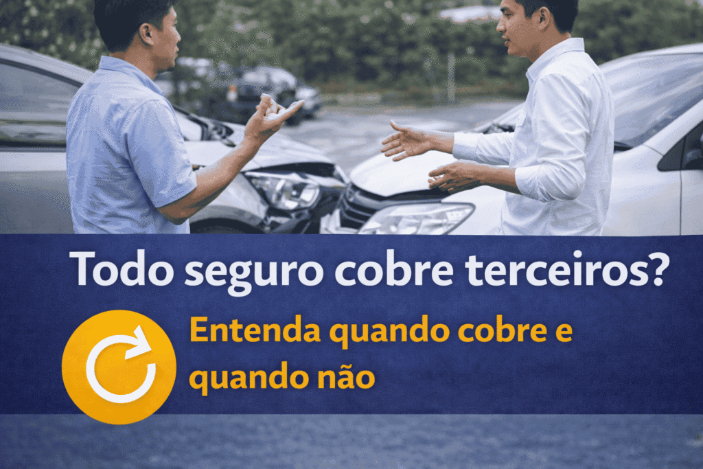 Dois motoristas conversando após batida leve entre carros, com destaque para a cobertura do seguro para terceiros.