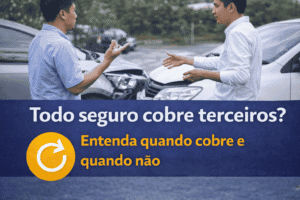 Dois motoristas conversando após batida leve entre carros, com destaque para a cobertura do seguro para terceiros.