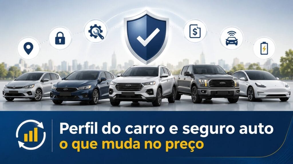 Ilustração com diferentes tipos de carros e ícones de fatores que influenciam o preço do seguro auto.