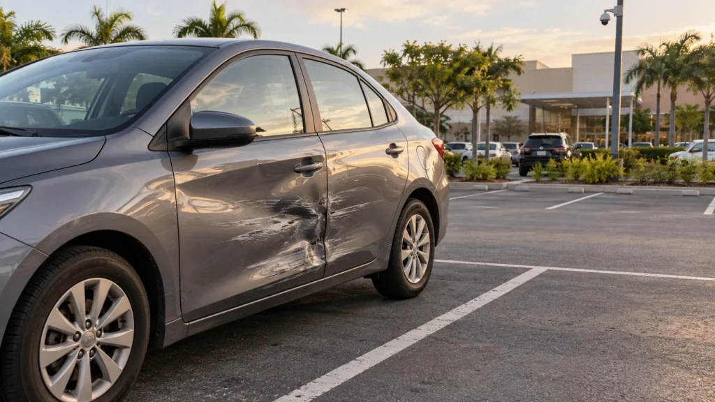 Carro com dano lateral após batida enquanto estava estacionado