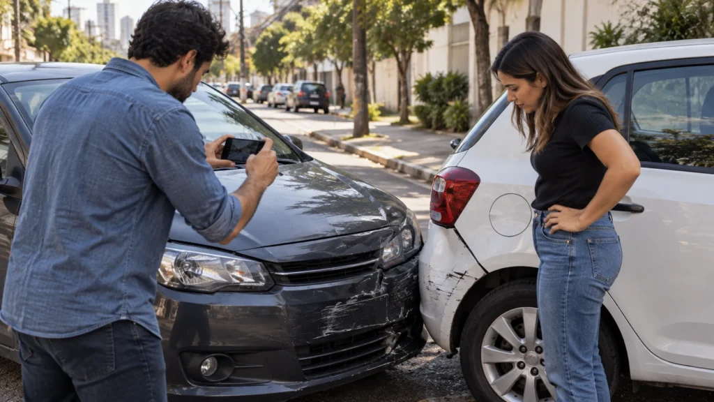 Dois motoristas avaliando danos após pequena colisão sem atendimento de seguradora