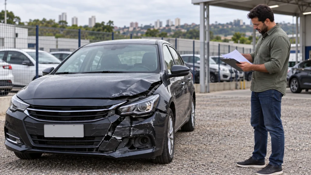 Carro danificado em pátio após avaliação de perda total enquanto proprietário analisa documentos