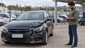 Carro danificado em pátio após avaliação de perda total enquanto proprietário analisa documentos