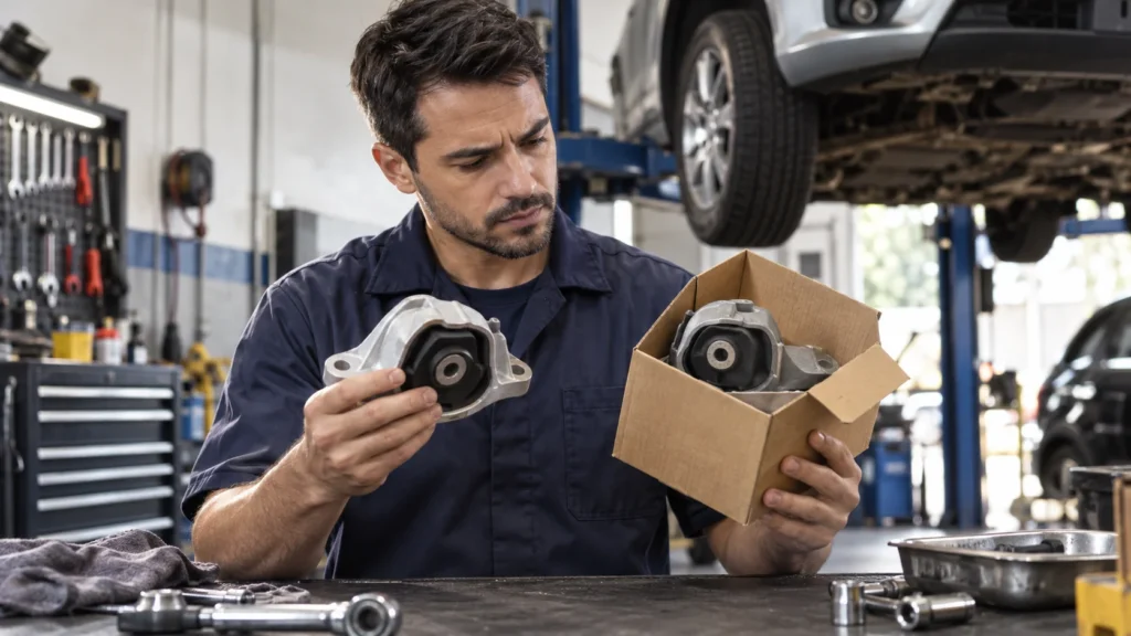 Mecânico comparando duas peças automotivas durante conserto em oficina