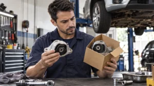 Mecânico comparando duas peças automotivas durante conserto em oficina