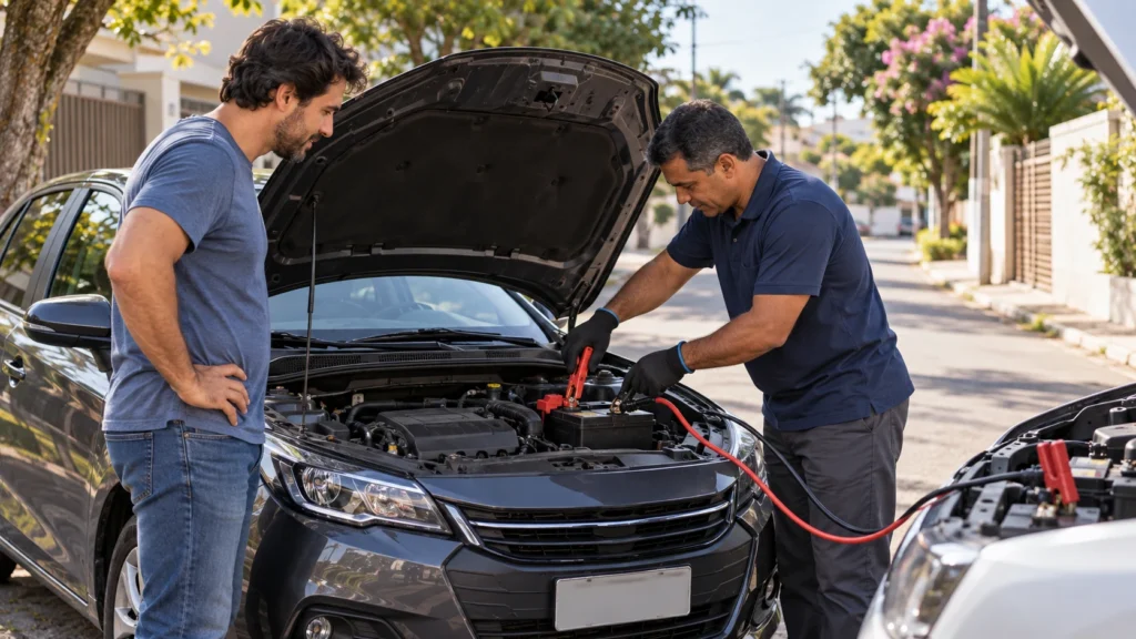 Motorista ao lado de carro com bateria descarregada recebendo assistência