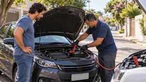 Motorista ao lado de carro com bateria descarregada recebendo assistência