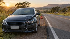 Carro parado no acostamento após colisão com animal em estrada