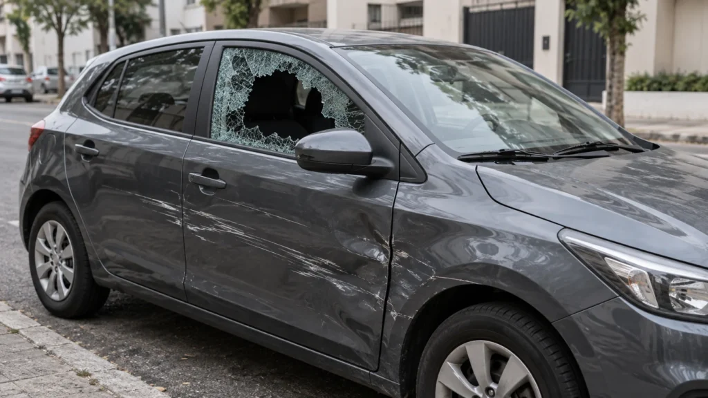Carro estacionado com vidro quebrado e riscos na lataria após vandalismo